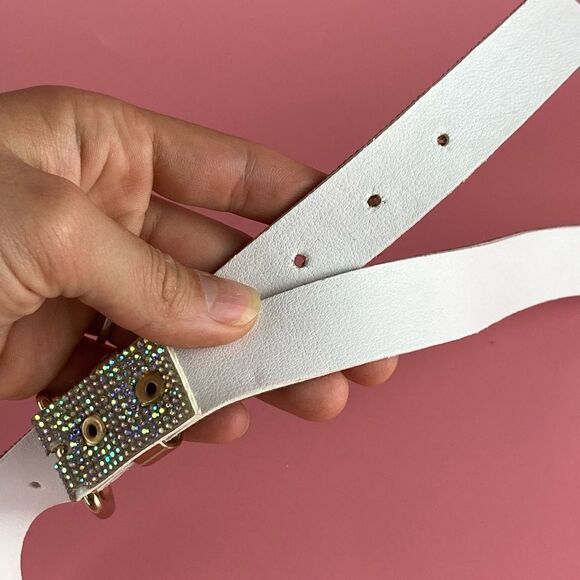 JUICY COUTURE SILVER RHINESTONES GOLD BUCKLE WHITE LEATHER BELT - Picture 5 of 7